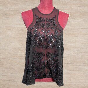 Mesh Sequin Embellished Grey Silver Racerback Blouse Womens Size M Party Top